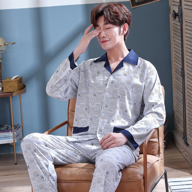 Herren Schlafanzug einstellen Nachtwäsche Baumwolle Männer Pyjama einstellen Frühling Herbst Pijama hombre Herren Nachtwäsche Gestreiften Schlaf Tragen Pyjama Plus Größe