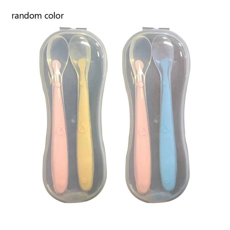 2pcs+box Baby Silicon Spoon Baby Safety Temperature Heat Sensing Thermal Feeding Spoon Kids Children Flatware Feeding Spoons: Default Title