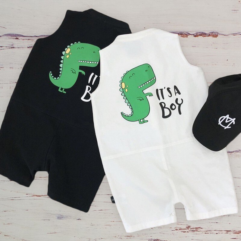 Kids Jongens Katoen Overalls Jumpsuit Voor Kinderen Zomer Dinosaurus Losse Patroon Korte Kleding Broek Ovralls Voor Peuter Zwart Wit