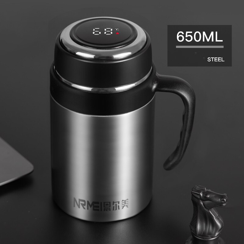 650ML Thermos Coffee Mug With Filter Handle Stainless Steel Insulated Vacuum Tea Cup Home Office LED Temperature Display: Silver 650ML