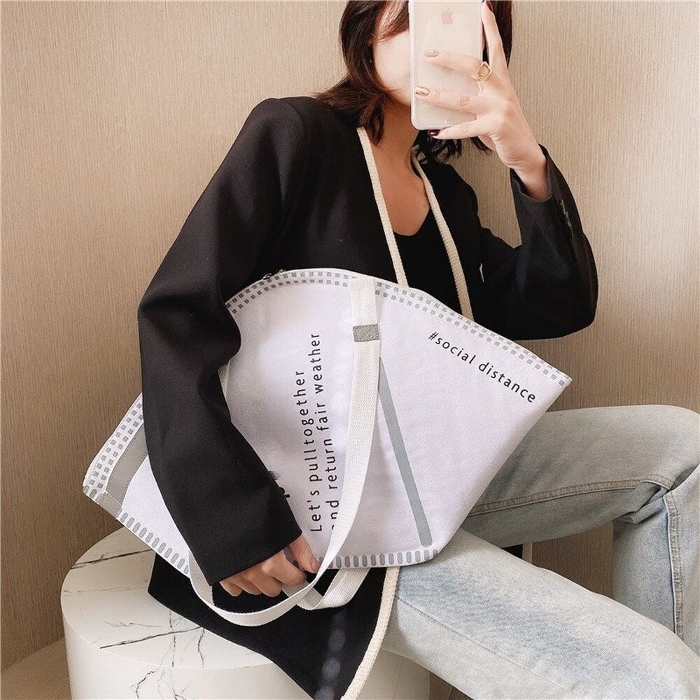 Mask Shape Canvas Bag Women Shoulder Bag Print Large-capacity Shopping Handbag Purse Female Crossbody Bag Totes