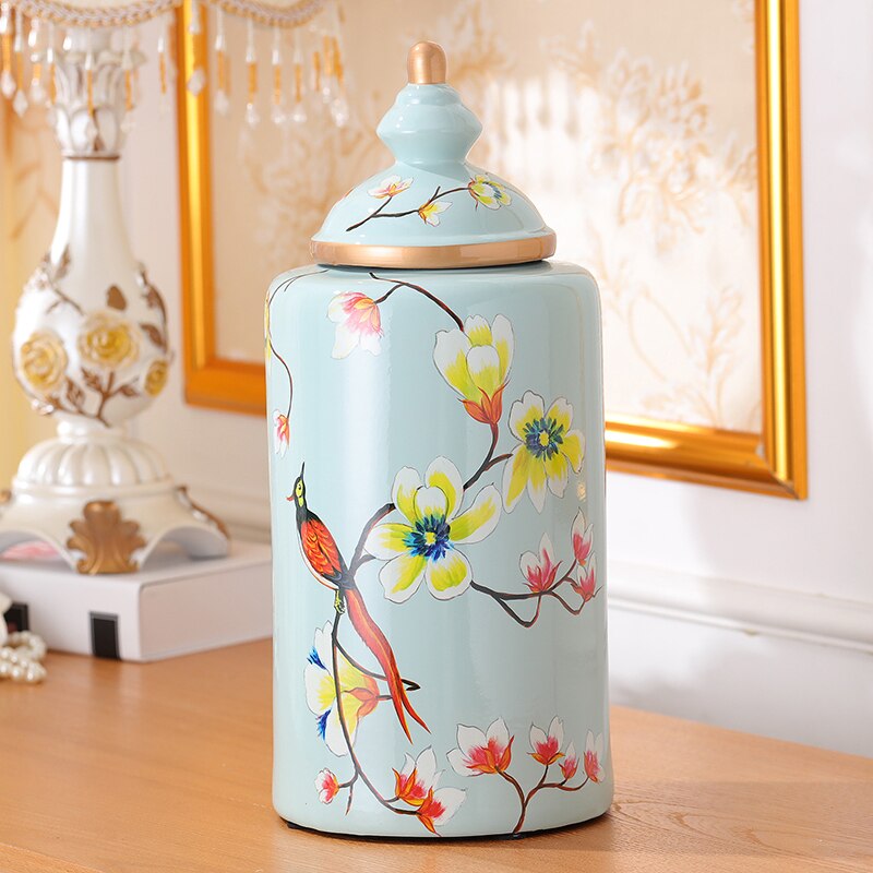Jarrón de cerámica pintado de flores y pájaros, jarrones clásicos, tarro de caramelo antiguo, tarros de almacenamiento de porcelana multiusos, decoración Vintage para el hogar