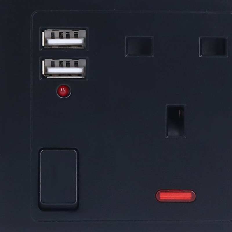 Wall Socket Multi-Functional Wall Power Outlet Socket with 2 USB Port 13A for Home Office UK Plug 250V Black