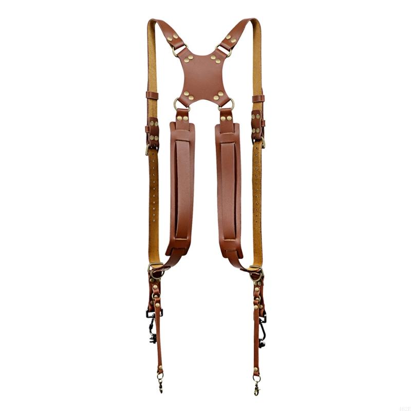 Correa para cámara, accesorios fotografía para cámaras, arnés cuero con doble hombro, remaches cuero, tirantes para cámara: Marrón