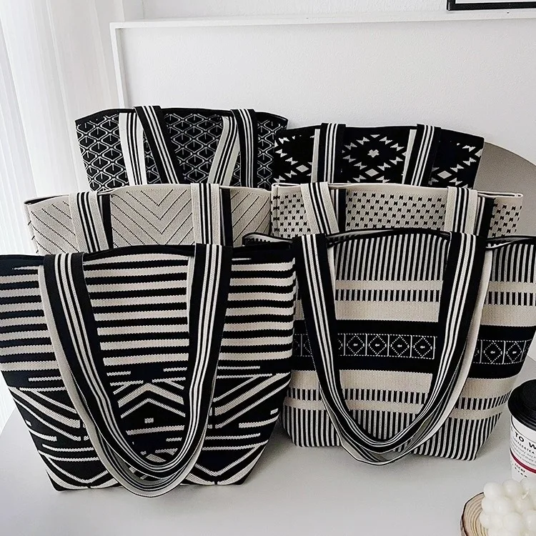 Bolso tipo cubo de punto de alta gama, bolso de hombro para mujer, bolso de de gran capacidad, estilo minimalista Neutral, fibra de poliéster