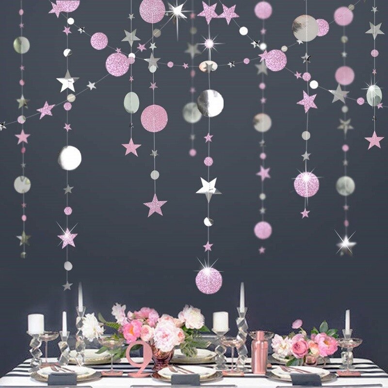 Guirlande pendante en chaîne en papier, 4m, pour décorations de mariage, décorations pour réceptionniste, fête prénatale, anniversaire, noël: Pink and Silver