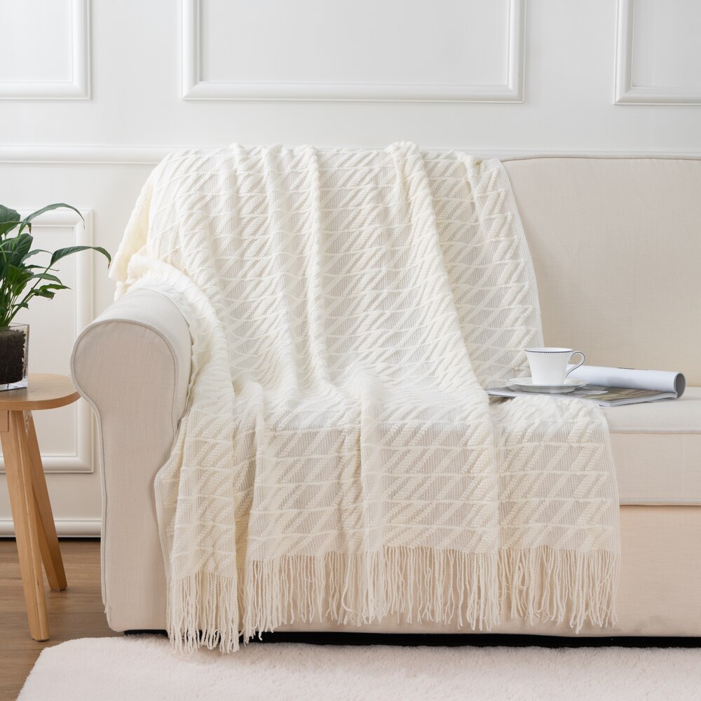 Battilo strikket kastet diamant mønster tæppe til sofa stol seng dekoration , 130 x 170cm: Hvid