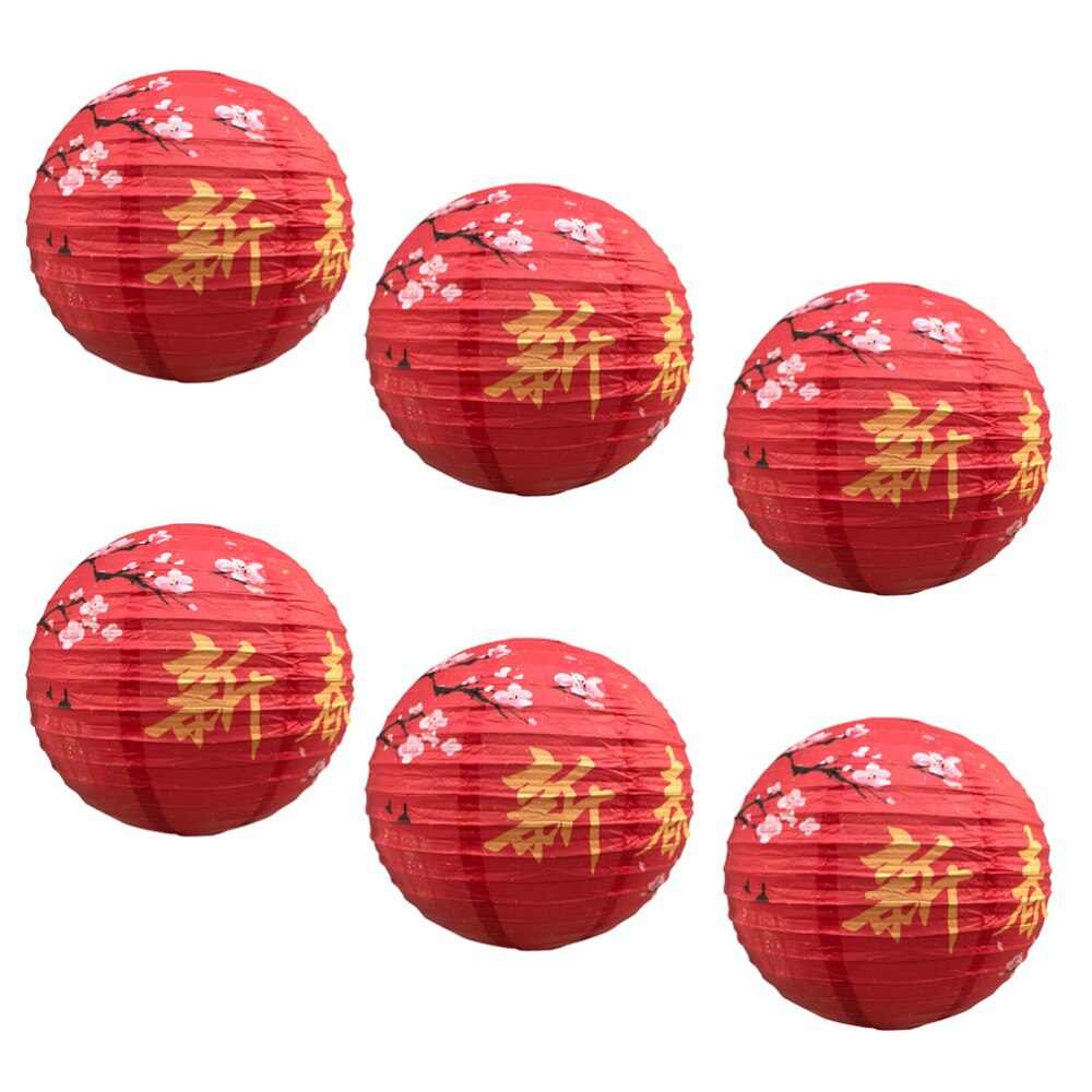 6pcs Chinese Year Paper Lanterns Red Celebration Decoration Round Hanging Lantern Party Supplies (Happy Year, 30cm)