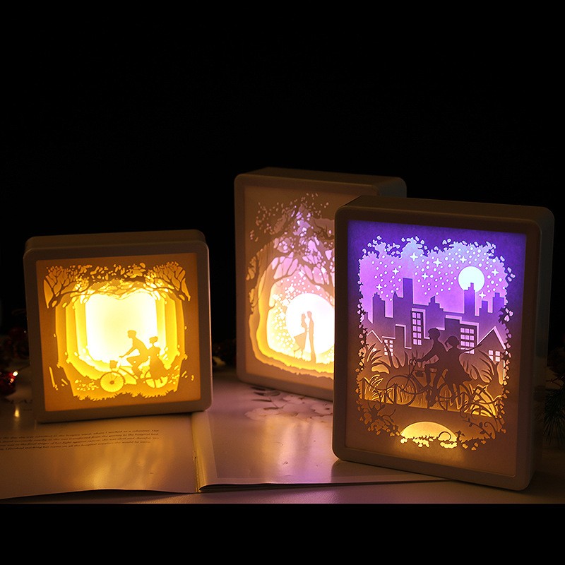 Valentijnsdag Licht Shadow Lamp 3D Modellering Box Led Nachtlampje Papier Sculpturen Frame Carving Art Decoratie