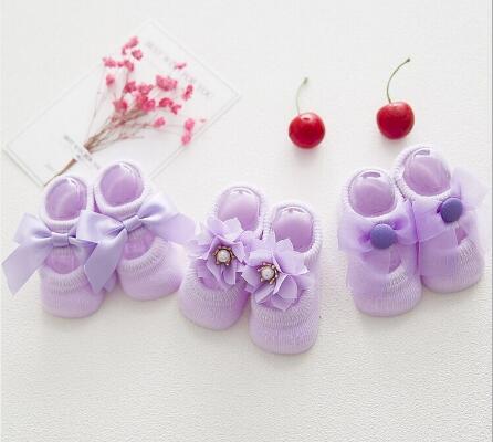 Baby Cotton Spring Newborn Baby Girl Kids Sock Flower Bowknot Lace Anti Slip Summer Sock Ribbon Children Slipper: Purple 3pair / 0 to 1year