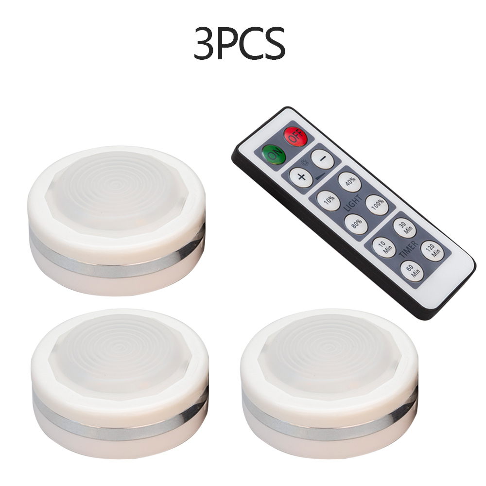 Led sensor under skap lys for kjøkken soverom skap garderobe natt lys led puck lys med trådløs rf fjernkontroll: 3pc