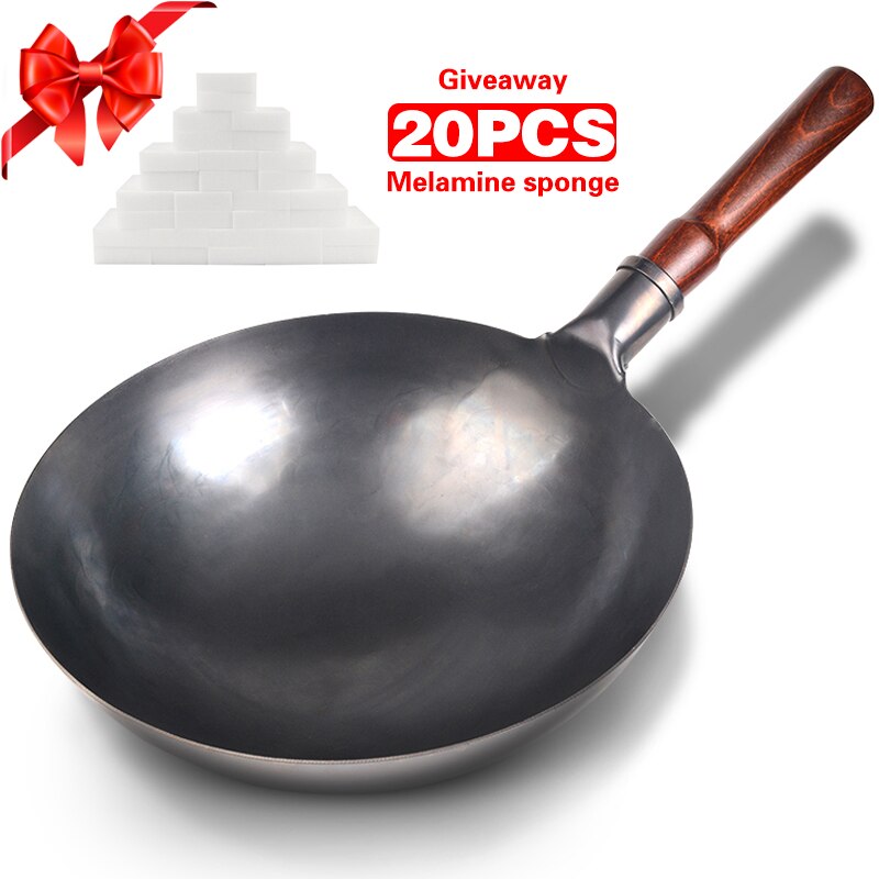 Ijzeren Wok Traditionele Wok Non-stick Niet-Coating Handgemaakte Chinese Woks (Gratis Magic Spons 20 stuks): 34cm