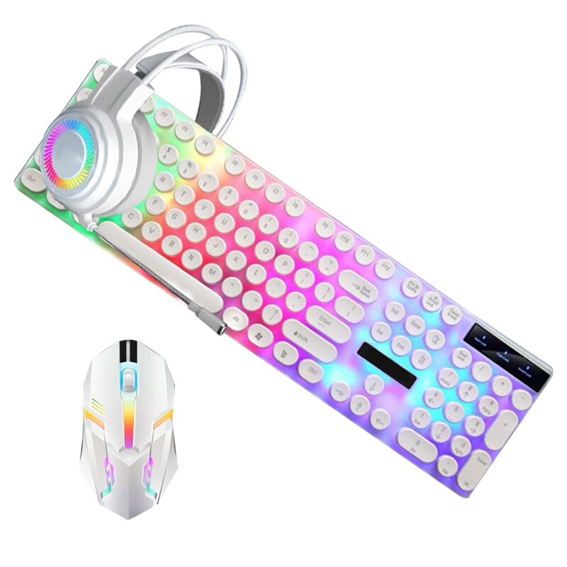 4 in 1 Keyboards Gaming Mouse &amp; RGB Headphones Wired Mechanical Keyboard Mouse Headset Kit for Laptop Computer: white