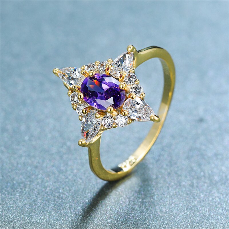Elegante Vrouwelijke Kristal Paars Ovale Ring Leuke Geel Goud Dunne Trouwringen Voor Vrouwen Bridal Geometrische Engagement Ring
