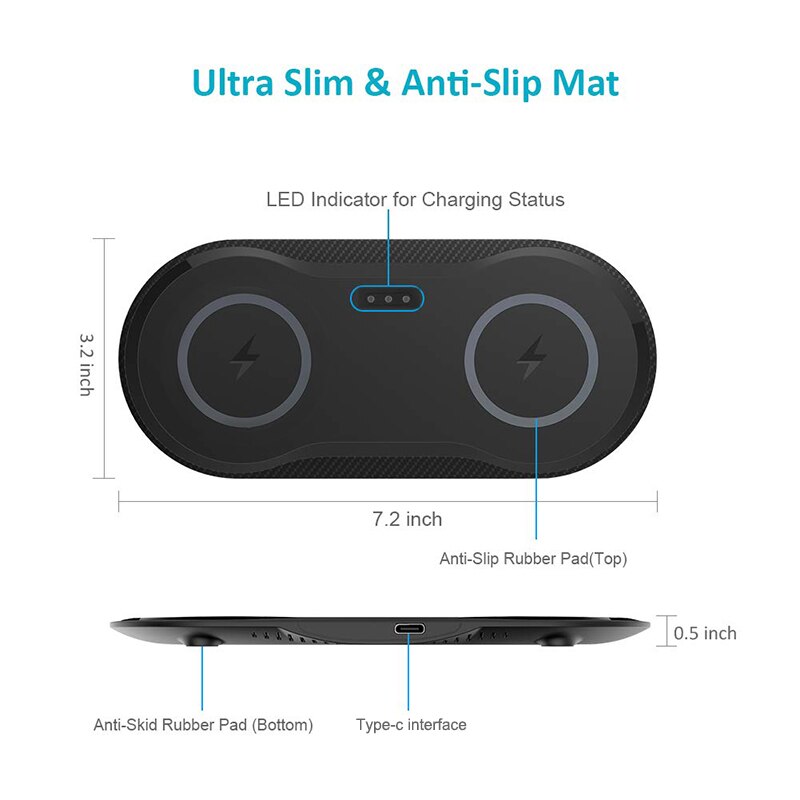 2 In 1 10W Dual Seat Qi Draadloze Oplader Voor Samsung S10 S9 S8 Snel Opladen Dock Station Pad usb C Voor Iphone 11 Pro Xs Max Xr