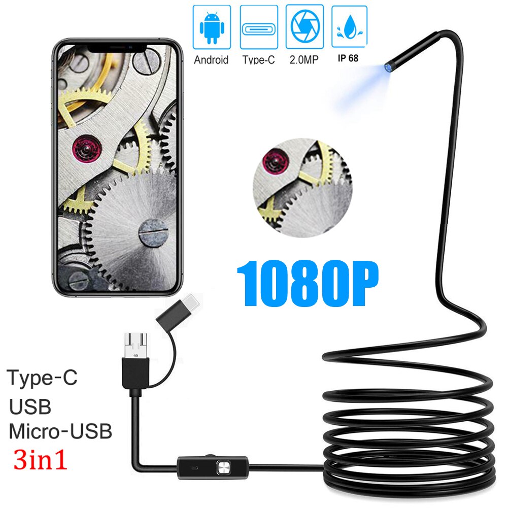 Cámara de inspección rígida USB de 1080P, endoscopio impermeable IP68 de 2,0 MP, USB tipo C con 8 LED, para Samsung, Huawei, Xiaomi y PC