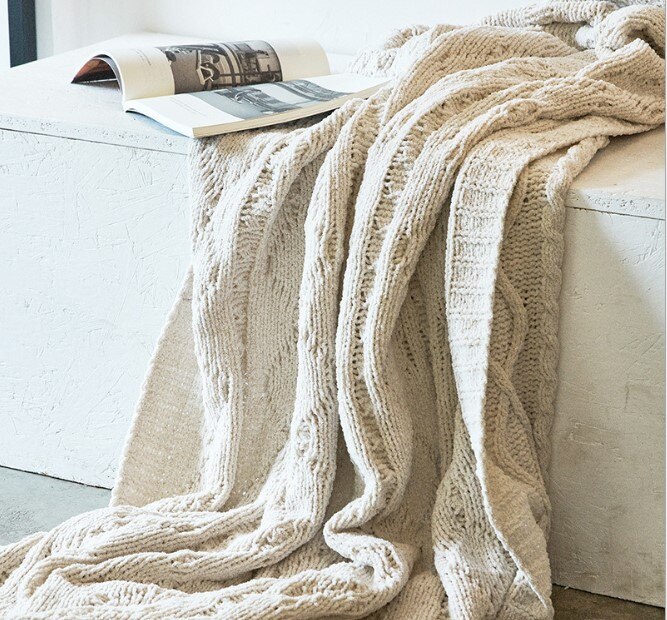 Voksen strikket pledd fast chenille tegneserieteppe sleng hjemmetrekk Strand reiseseng sofa bruk  fg1095: Krem