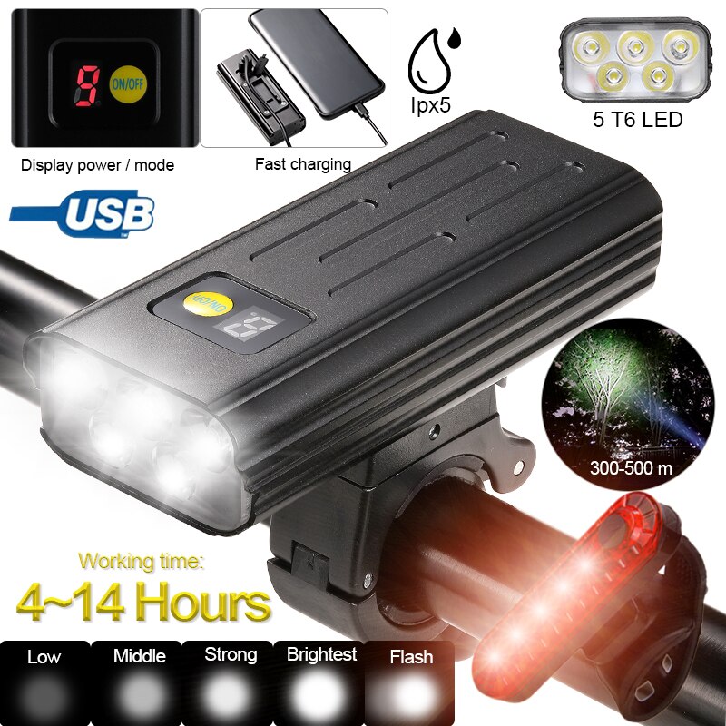 USB Vorderseite Fahrrad Licht 5 LED Fahrrad Lenker Lampe Digital Anzeige Radfahren Taschenlampe mit Typ-C Ladung Energie Bank Funktion: 5LED W Mini hell
