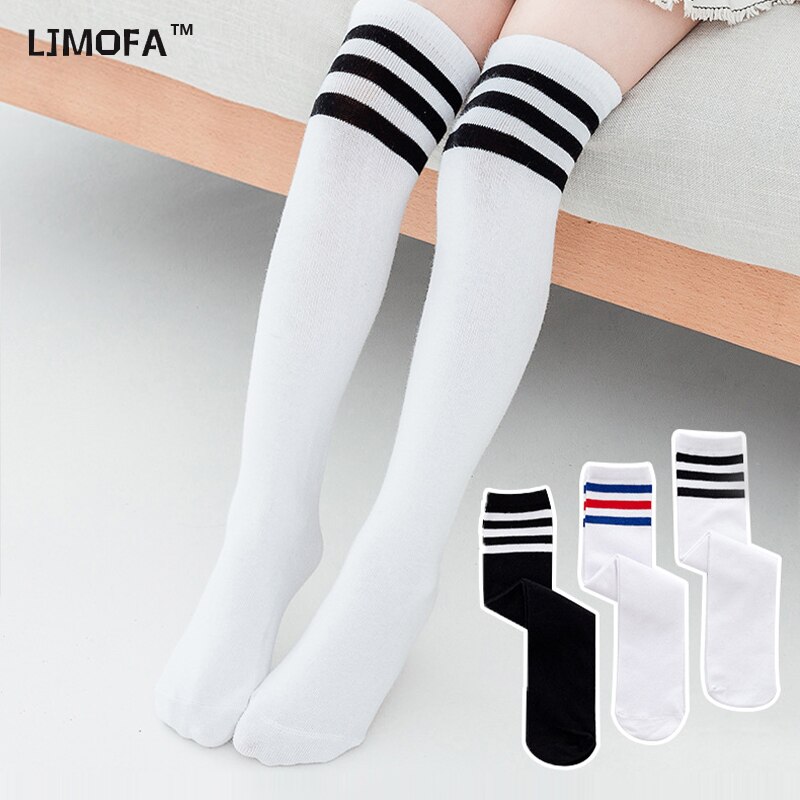 [C143] Calcetines a rayas blancas y negras para niños pequeños, medias bonitas de estilo universitario, por encima de la rodilla