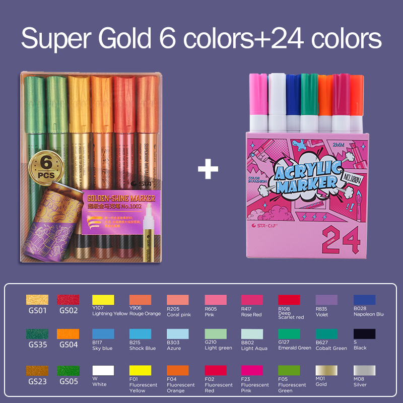 STA 1004 DIY Acrylic Markers Pen Set Drawing Poster Journal Scrapbook Painting Graffiti Pens For School Student Art Supplies: 6 24color-1002-1004