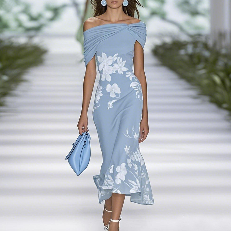 Sommerkjole med off-shoulder-ærmer til kvinder med blomsterprint og draperet lang kjole, sexet, højtaljet, slank festkjole