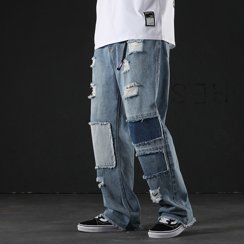 See Zerrissene ausgebeult Breite Bein Jeans Männer Patchwork Gerade Jeans verlieren passen Hüfte hüpfen Sommer Denim Knöchel Länge Hosen blau