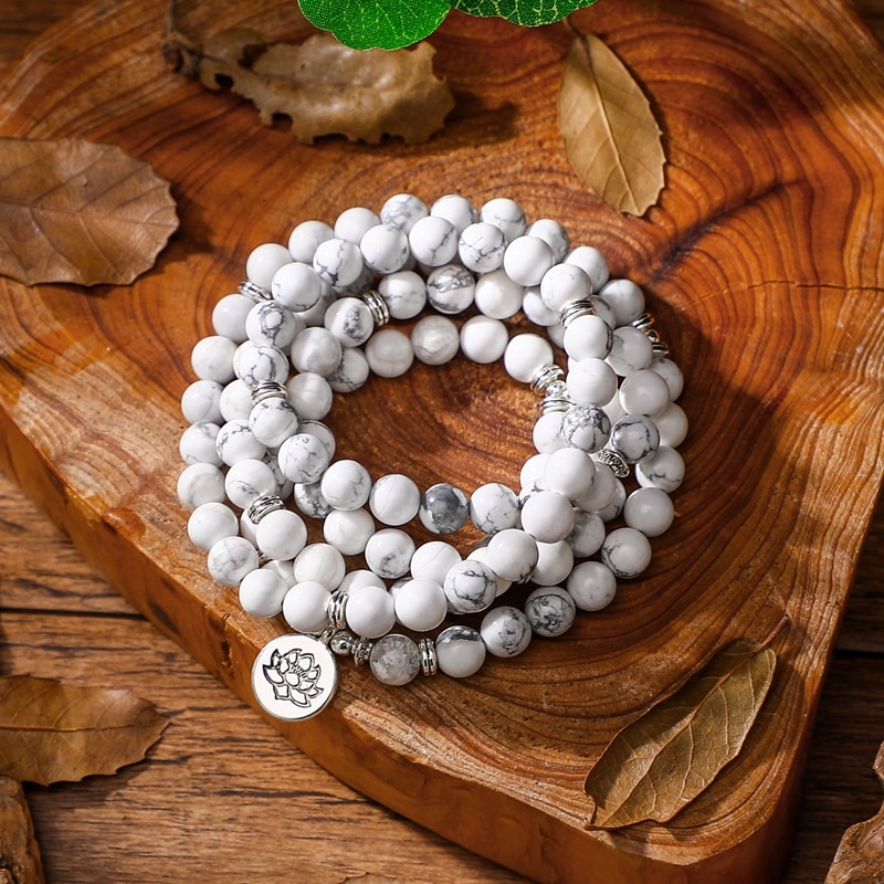 108 Mala Kralen Armband Voor Vrouwen Howliet Natuursteen Met Lotus Om Boeddha Charm Yoga Sieraden