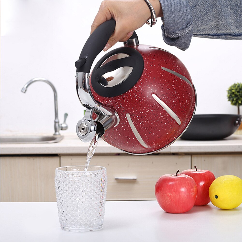 3L Red Whistling Water Tea Kettle With Heat Resistant Handle Stainless Steel Stove Top Teapot