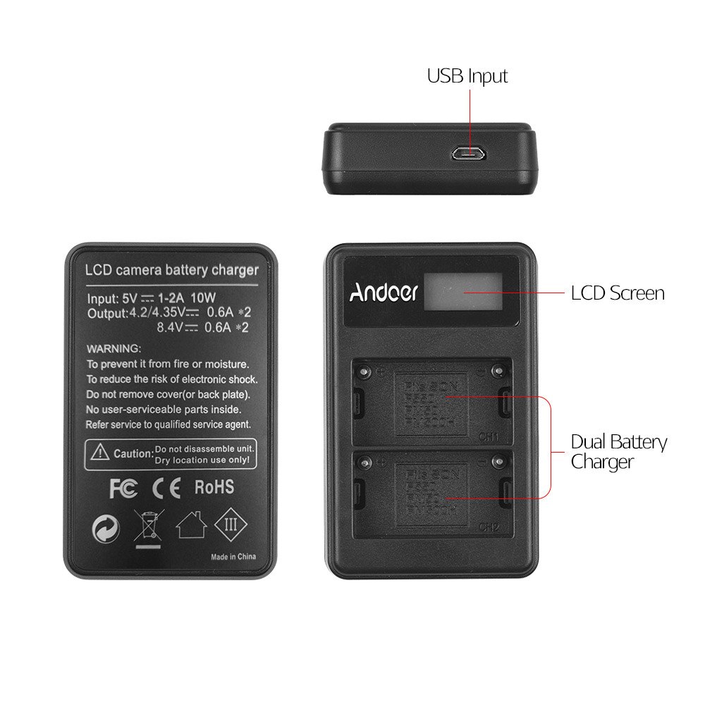 Andoer LCD2-NPF550 USB Dual del cargador de batería para Sony NP-F550 NP-F570 NP-F530 NP-F330