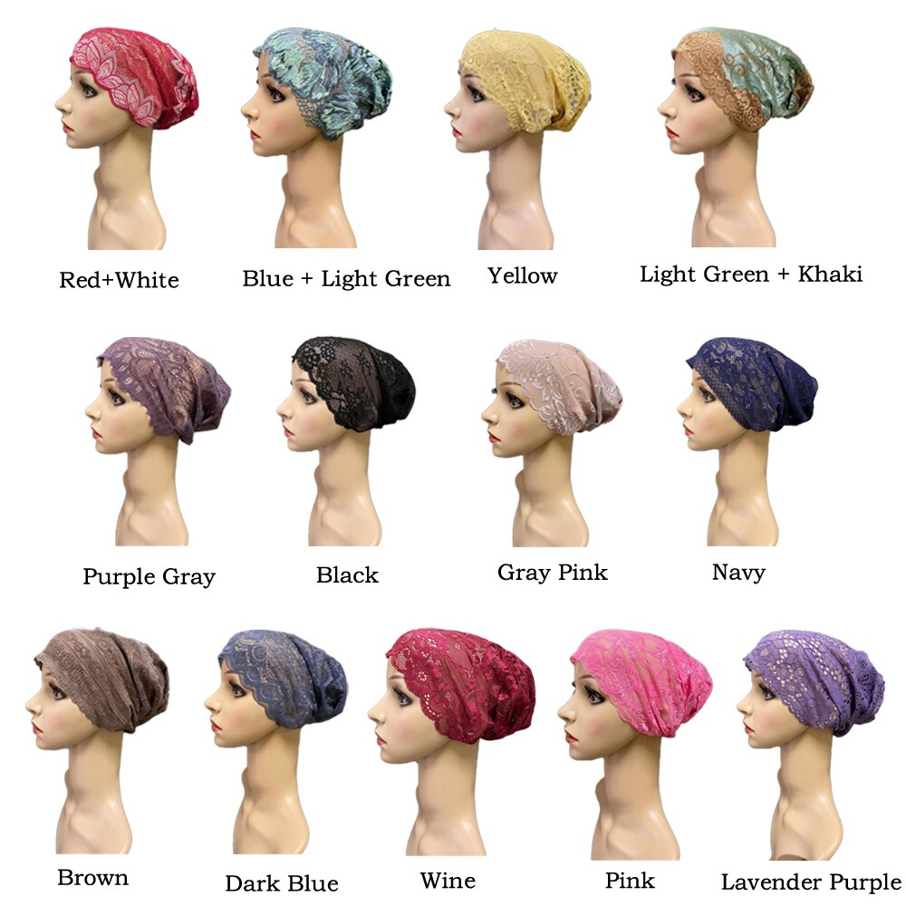 Gorro de tubo de cobertura completa para mujer, gorro interior musulmán con flores de encaje, pañuelo para la cabeza, sombrero islámico árabe, gorrito indio, turbante
