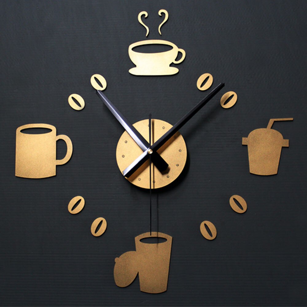 DIY Coffee Wall Clock Modern Gold Kitchen Watch Europe Big Cup 3D Stickers Quartz Digital Clocks Home Decor