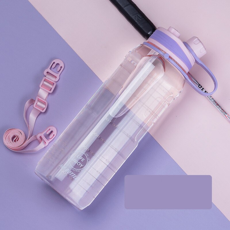 Borraccia sportiva da 2 litri di grande capacità con cannuccia acqua potabile trasparente in plastica trasparente a tenuta stagna con cinghie senza BPA: viola