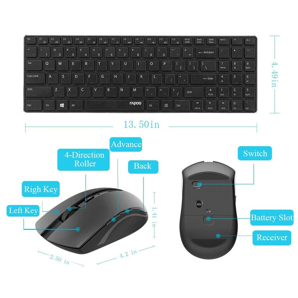 Rapoo Wireless Slim Keyboard and Mouse Combo, Ultra-Thin Lightweight, Comfortable Silent Keyboards, 2.4G 1000 DPI Smooth Portabl