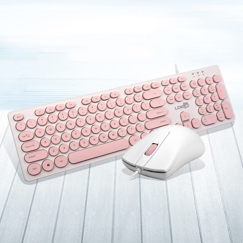 Punk Retro Keyboard And Mouse Set Punk Keyboard Round Keycaps USB Wired Office Trend keys Keyboard And Mouse Kit: pink