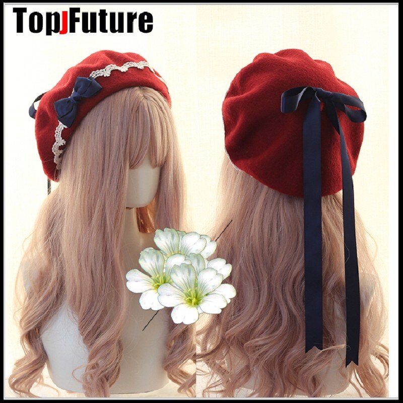 Japanse Meisje Kawaii Baret Hoed Lolita Tiener Hart Zoete Wollen Handgemaakte Leuke Lace Strik Warm Winter Schilder Hoed Hoofdtooi: red2