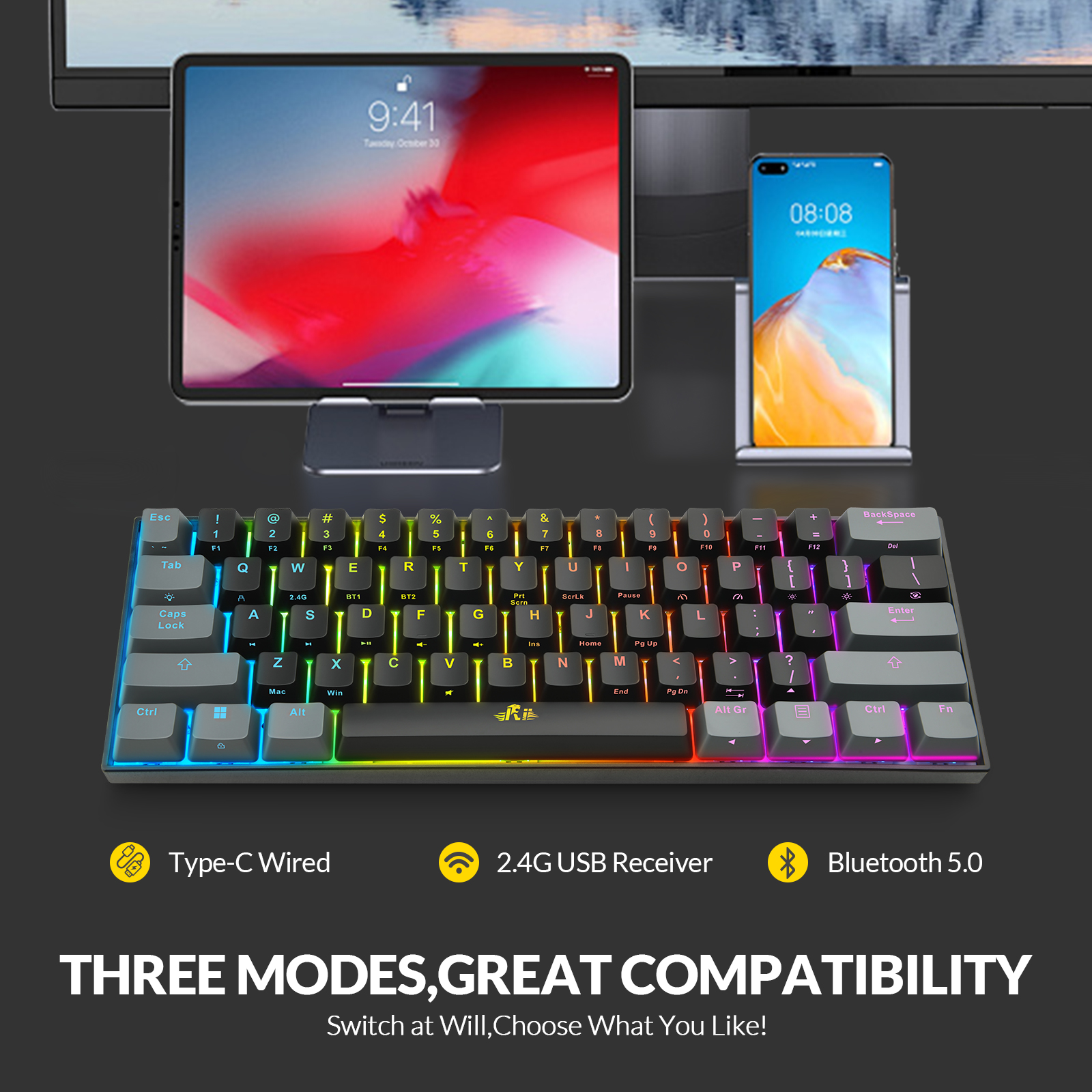 Rii-Teclado mecánico RK802 para juegos, periférico inalámbrico/Bluetooth/con cable RGB, 2,4G, para ordenadores portátiles con Windows y ordenador
