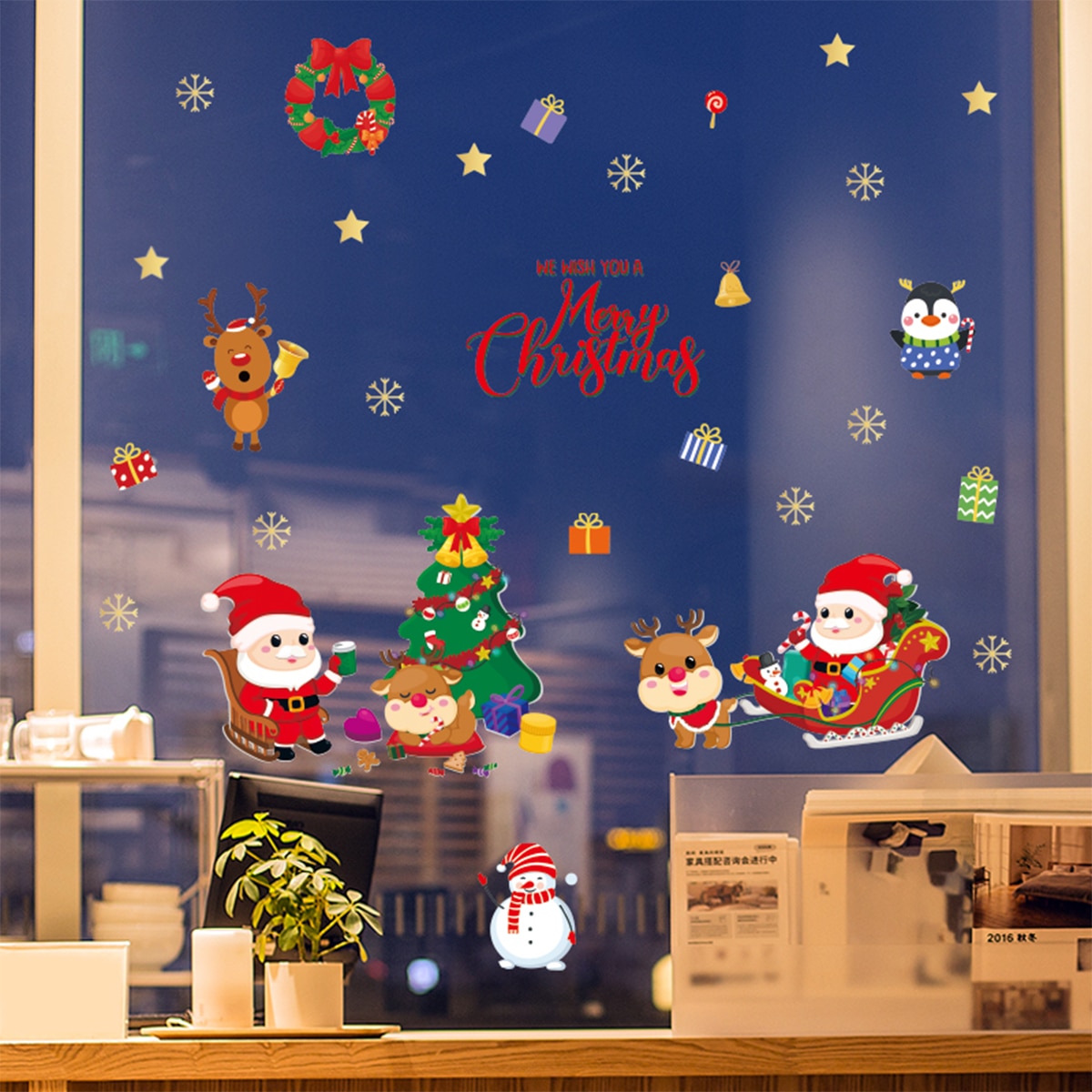 Kerst Raam Kleeft Leuke Happy Santa Sneeuwpop Rendier Vinyl Decals Window Stickers Voor Home Decoratie