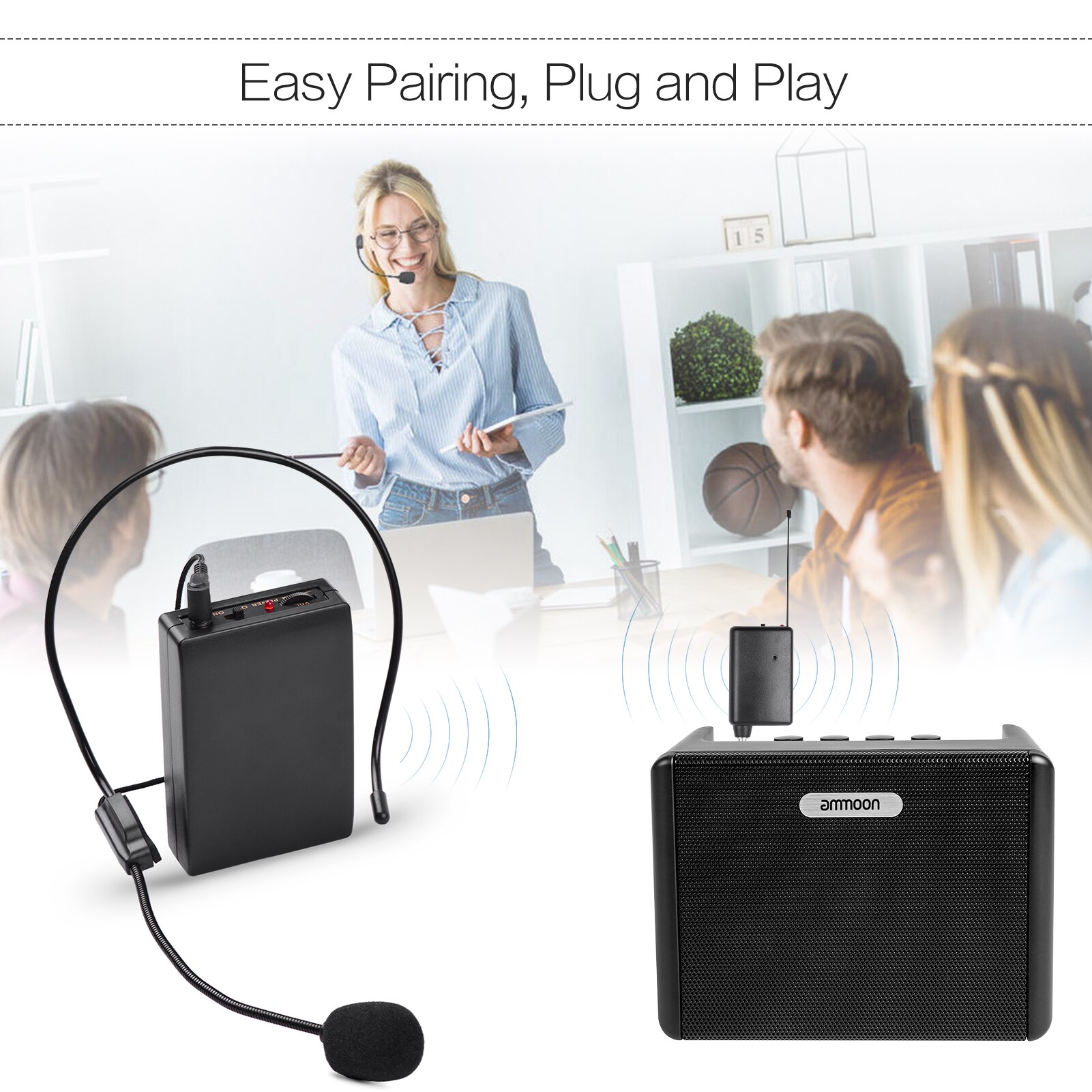 Portable VHF Wireless Microphone System with Headset Mic + Bodypack Transmitter + Mini Receiver with 6.35mm Plug for Meeting