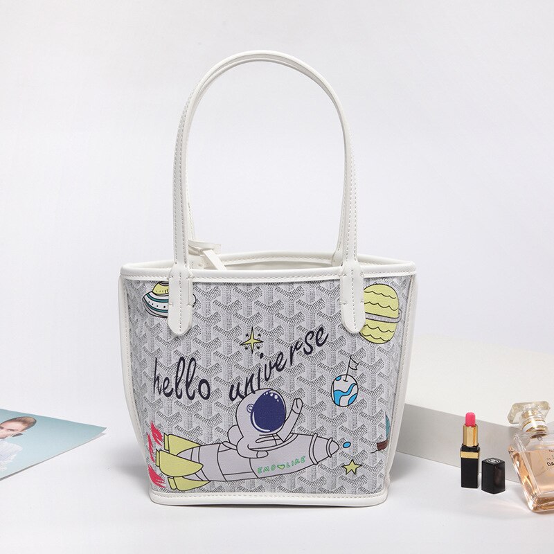 EMO-Bolso grande de hombro con dibujo de perro para mujer, bolsa con grafiti, informal, PU, novedad de: Gray