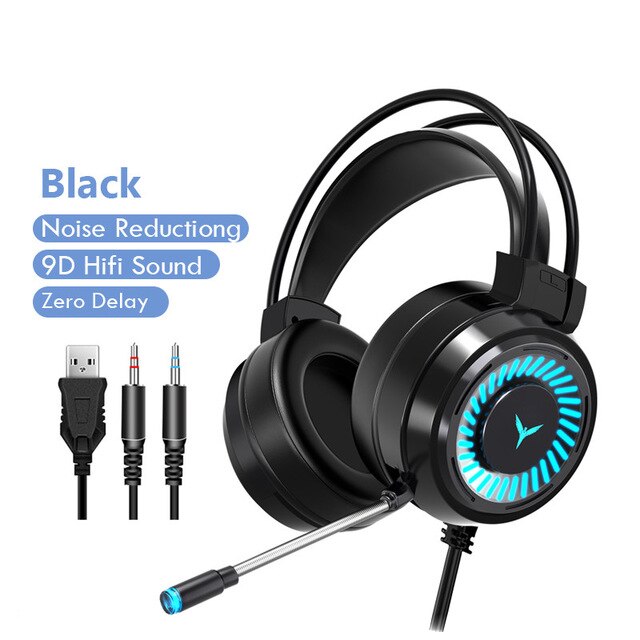 Gaming Headsets USB 3.5 Gamer Headphones Surround Sound Stereo Wired Earphones Microphone Colourful Light PC Laptop Game Headset: Black