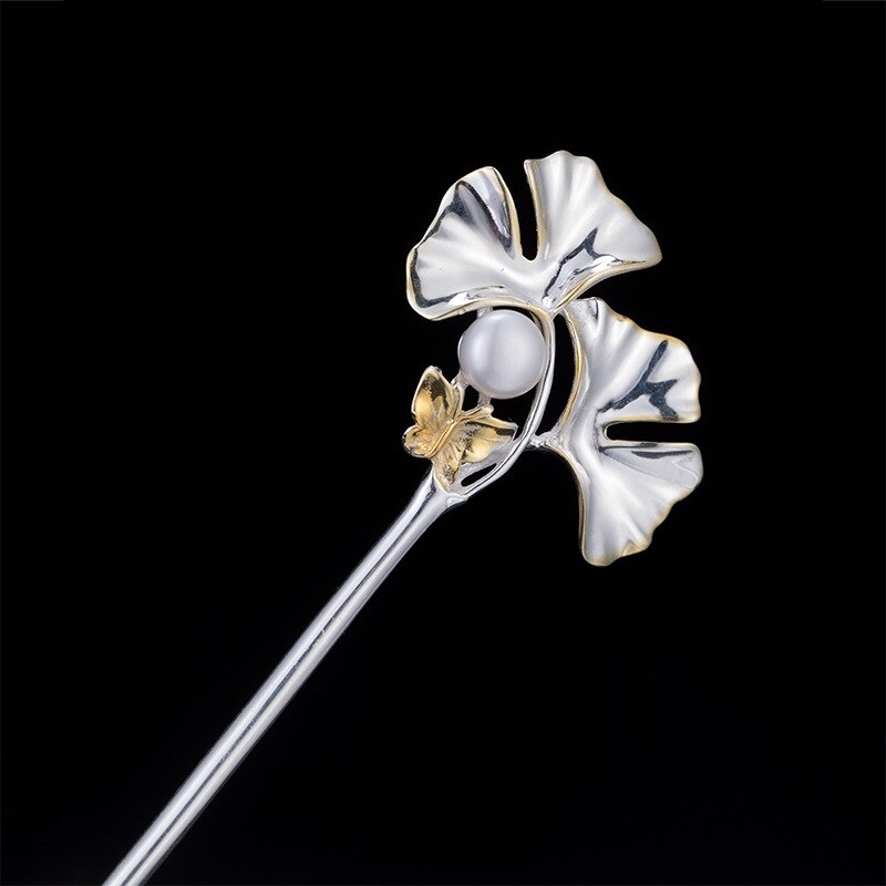 925 haarnadel aus sterlingsilber mit ginkgoblatt-schmetterling, antiker retro-haarschmuck mit perle für damen, handgefertigter feiner schmuck