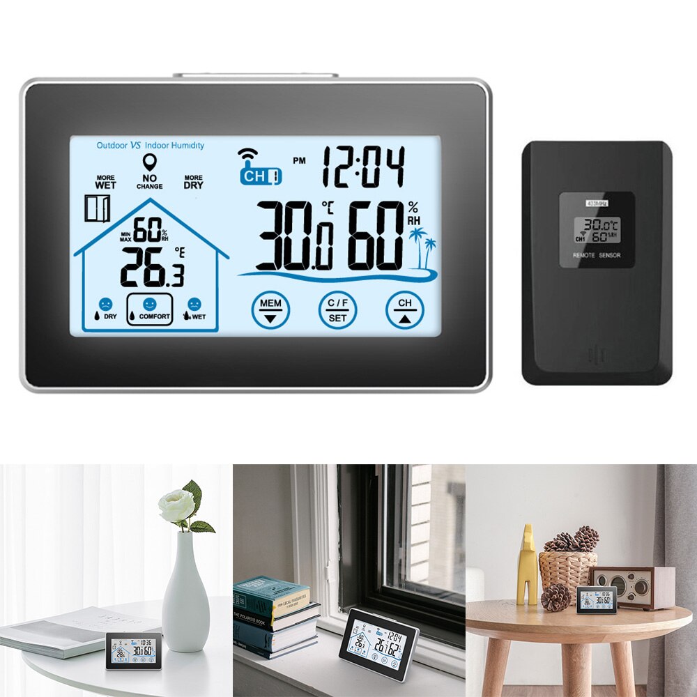 Weather Station with Outdoor Sensor Digital Thermometer Hygrometer for Inside and Outside Backlight Current Time Black