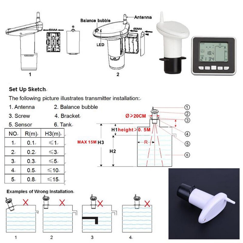 Ultrasonic Water Tank Level Meter Sensor Wireless Ultrasonic Levels Gauge LED Display Temperature Sensor Liquid Measuring Tools