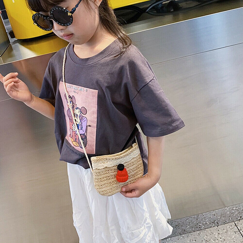 Nyeste stil børn piger toddler prinsesse crossbody tasker håndtaske slynge skuldertaske halm yndig pung