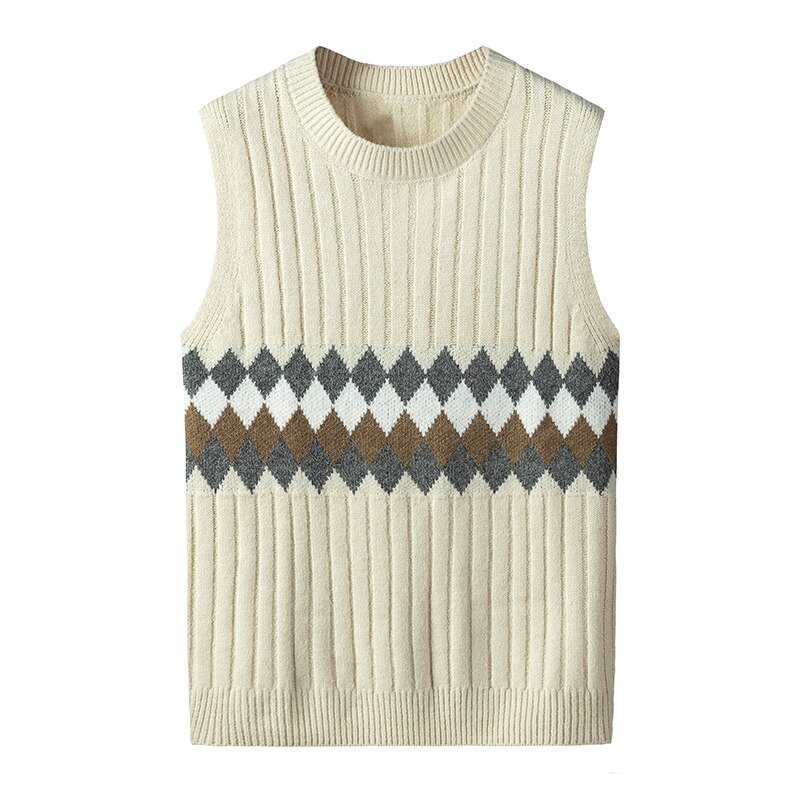 Huncher strikket sweater vest herre efterårs strik ærmeløs sweater koreansk harajuku patchwork sorte sweatere veste herre: Cremehvid vest / Asiatiske -3xl