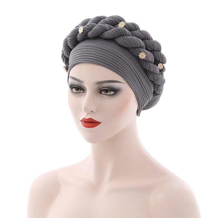 Ready to Wear Aso Oke Gele Turban Woven Messy Linen Crumpled Twist Braid Muslim Hat Robe Africain Headgear Headties Bonnets: Gray