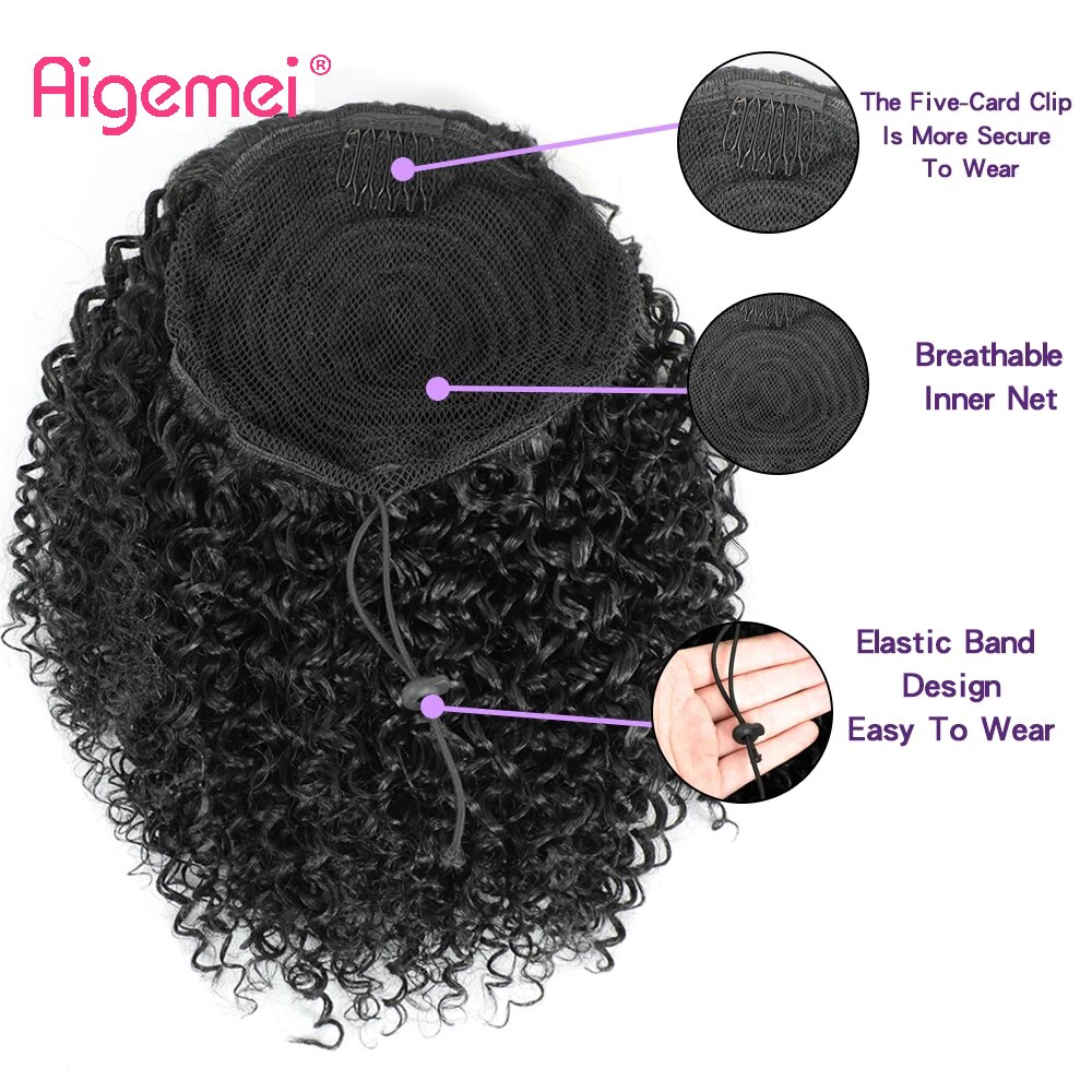 Aigemei Afro Kinky Curly Drawstring chignon Puff Ponytail African Hair Extension Synthetic Clip in Pony Tail Hair Extensions