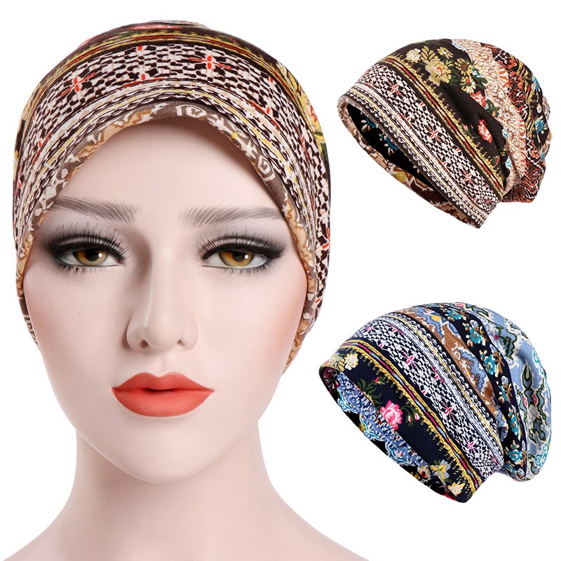 Blød åndbar sommerblomstret print kemokræft beanie nightcap muslimsk islamisk hat sovhue