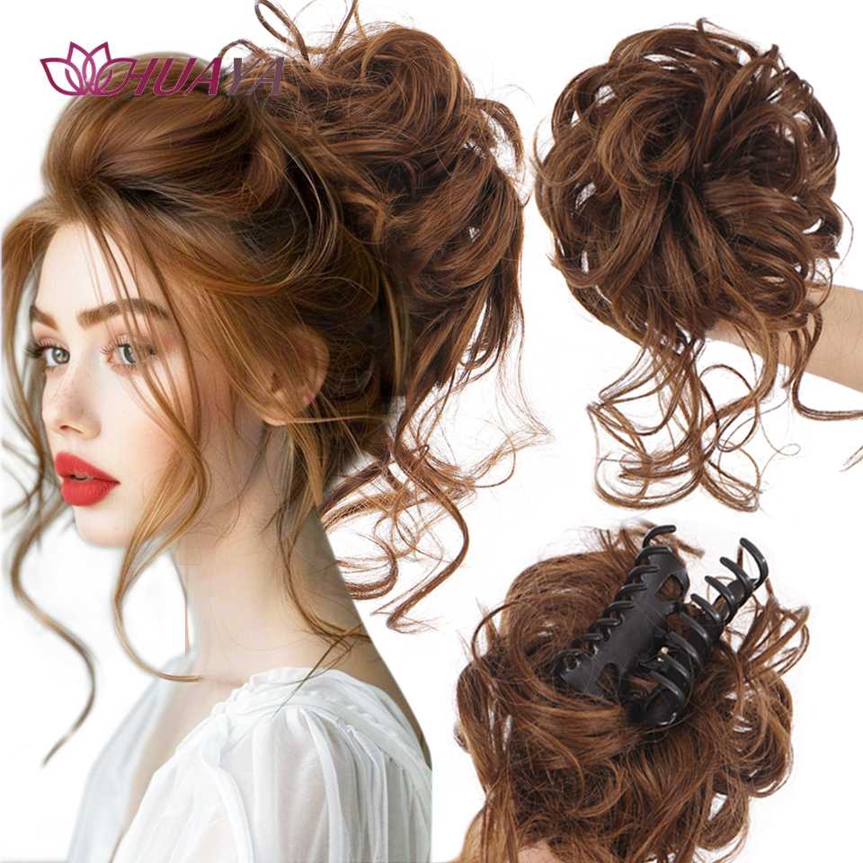 Moño de pelo sintético para mujer, moño desordenado, extensiones de cabello Updo despejadas con Clip de garra, horquillas rizadas, negro y marrón