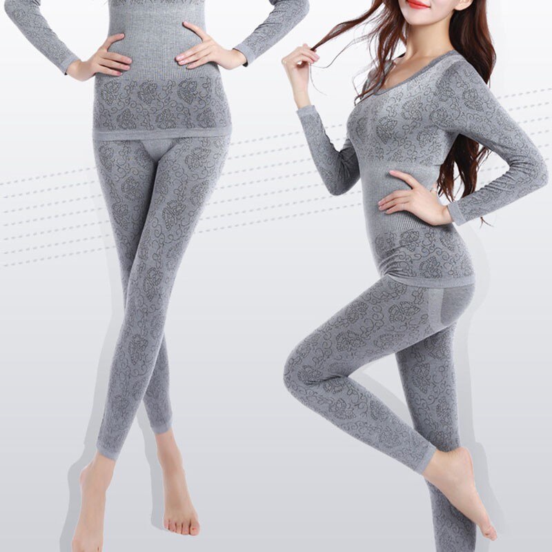 Winter Women Long Johns Thermal Underwear Suit Thick Modal Underwear Female Clothing: Gray